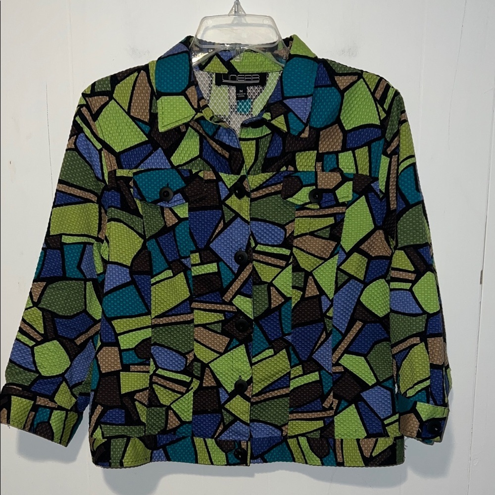 Linear Multicolored Geometric Pattern Lightweight Button Up Jacket 071426